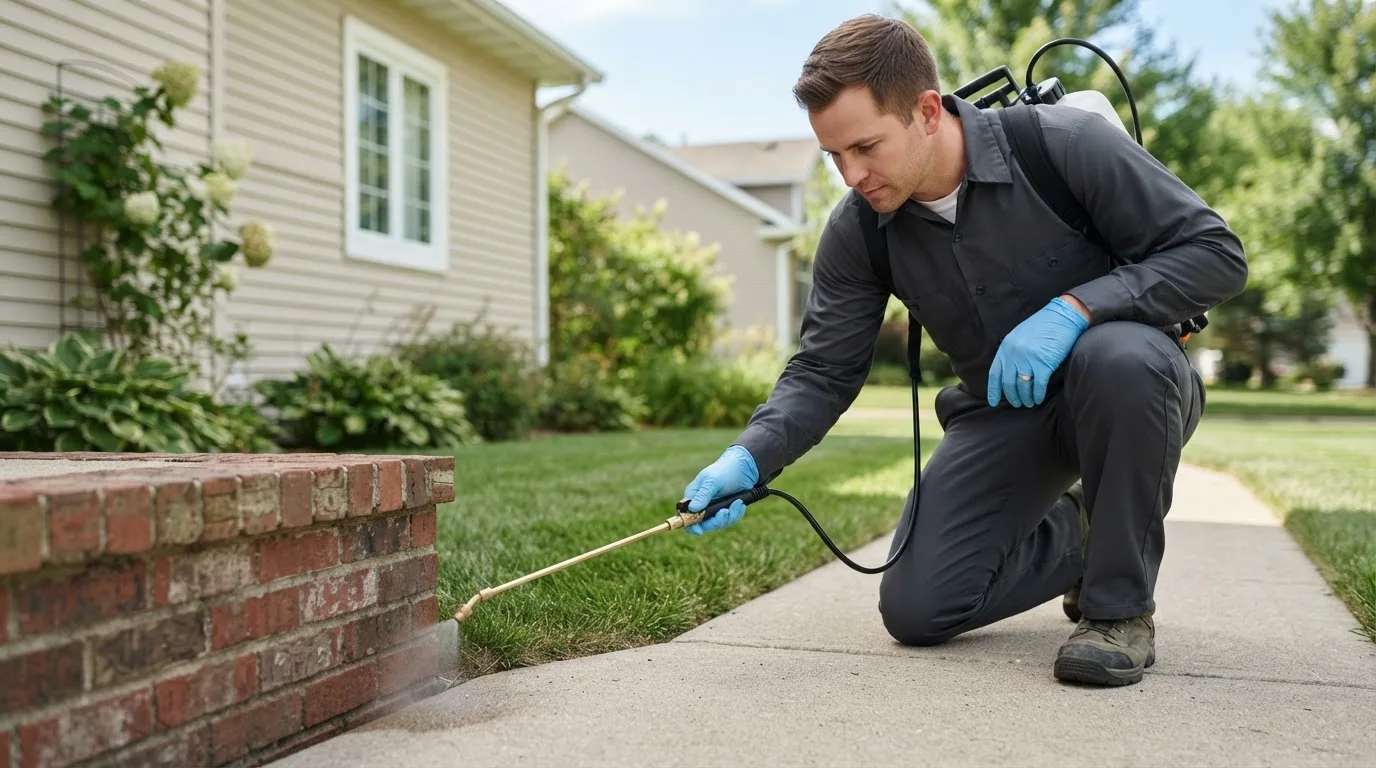 Pest control technician treating a home near Sikeston, MO